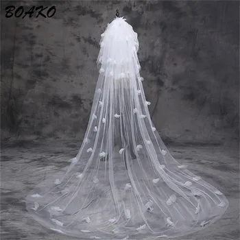 

BOAKO 3 Meters Three Layer Tulle Long Wedding Veil White 3M Cut Edge Bridal Veil with Embroidered Flower Petals Velos De Novia