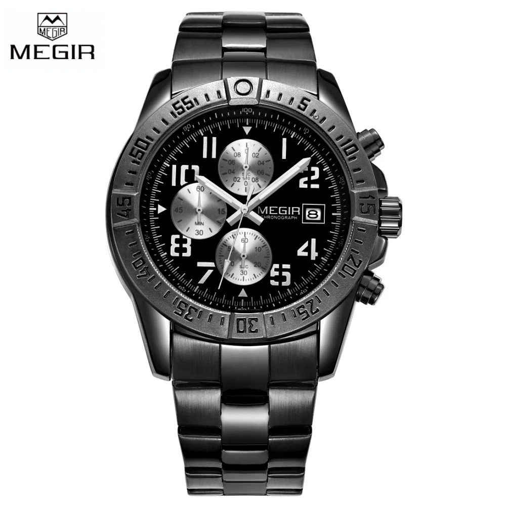 MEGIR мужские повседневные часы с хронографом, роскошные брендовые кварцевые наручные часы, мужские водонепроницаемые спортивные часы, relogio masculino - Цвет: All Black