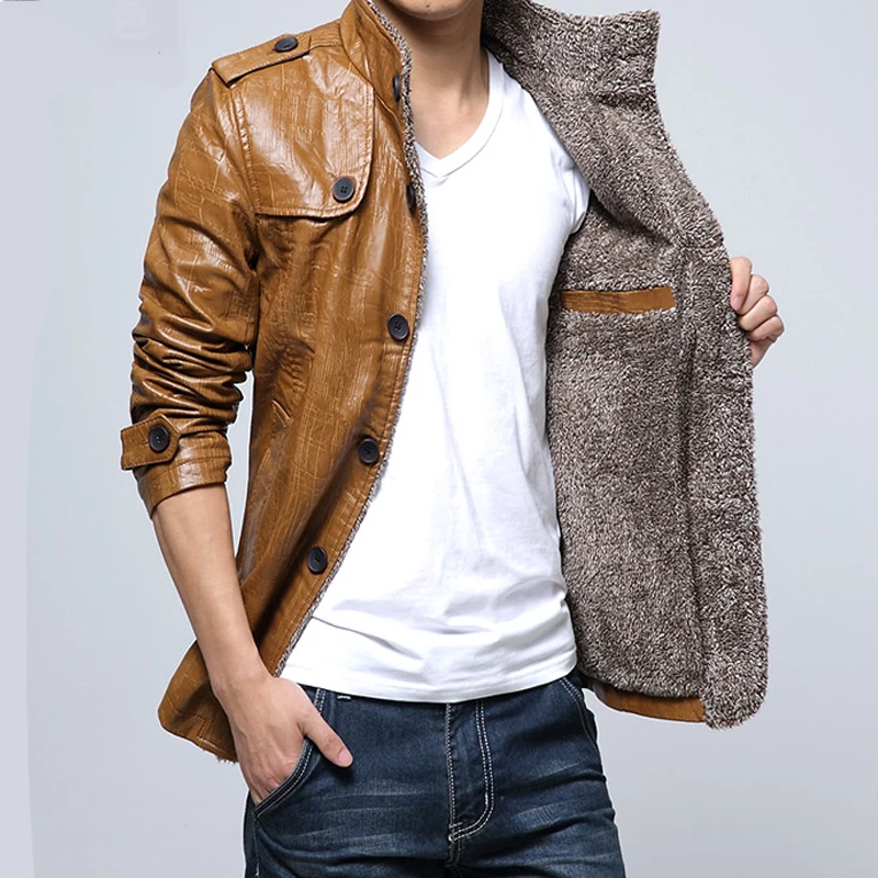 2018 Autumn Winter Leather Jacket Men Casual Slim Fit Fur Coat Mens