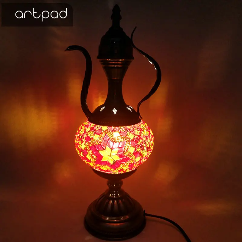 

Artpad Mediterranean Fixtures Turkish Mosaic Table Lamp Teapot Design Vintage LED Bedroom Decorative Table Lamps For Restaurant