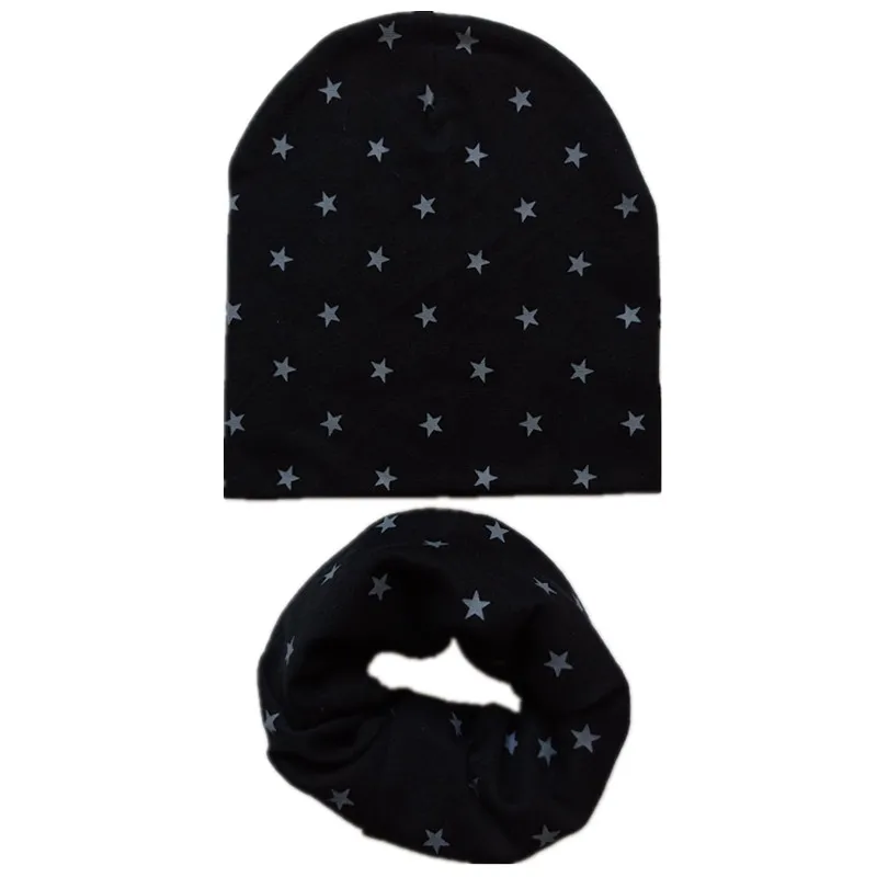 black small star Осенне-зимний детский комплект с шапочкой для мальчиков и девочек, весенний теплый шейный платок, детские вязаные шапки, комплекты из хлопка, детская шапка, шарф, комплекты из 2 предметов - Цвет: black small star