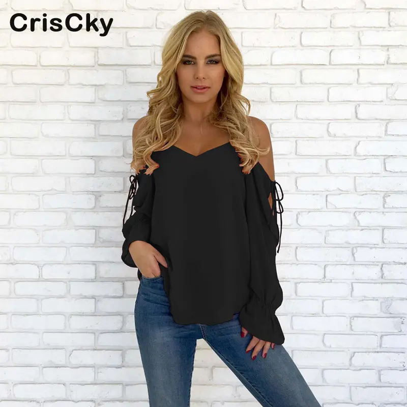 

CRISCKY Hot Summer Casual T Shirt Women Off Shoulder Full Sleeve Bandage Solid T-Shirts Tees Ladies Sexy Party T shirts Tops