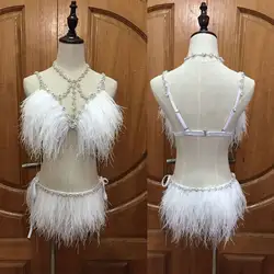 Пикантные белые перья кристаллы Бикини горный хрусталь цепочки и ожерелья комплект для женщин ночной клуб костюмы танцор ди