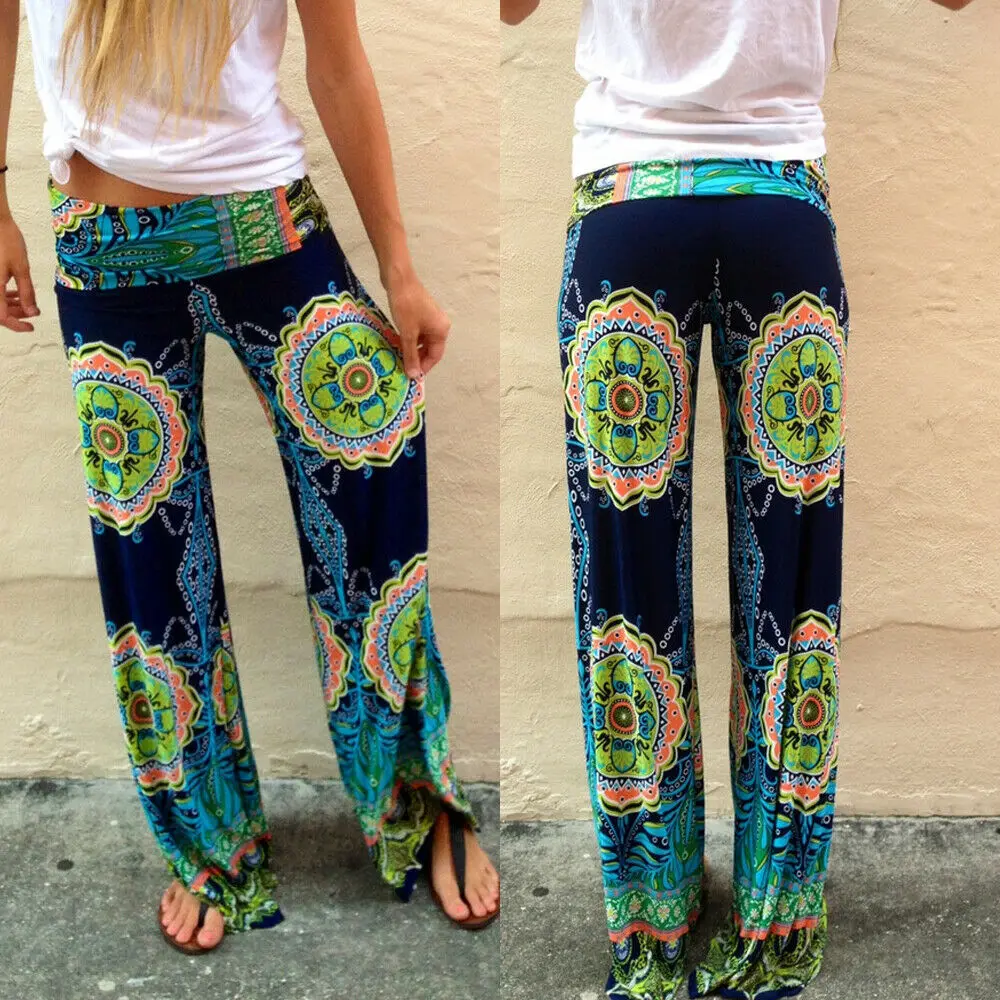 Plus Size Womens Floral Yoga Palazzo Trousers Summer Casual Loose Wide Leg Pants