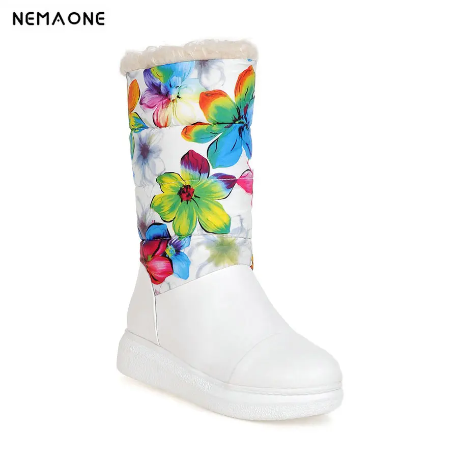 

2019 sweet mid calf snow boots 4cm platform low heel women shoes winter party shoes large size 34-43 it`s black white and blue