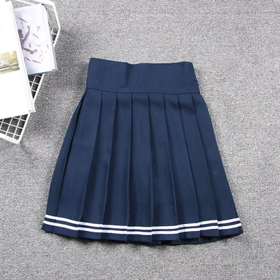 Harajuku Для женщин летние CS JK школьная форма Мори девочки Японский Элегантный дизайн эластичные Высокая Талия одноцветное Цвет плиссированные короткая юбка - Цвет: striped blue