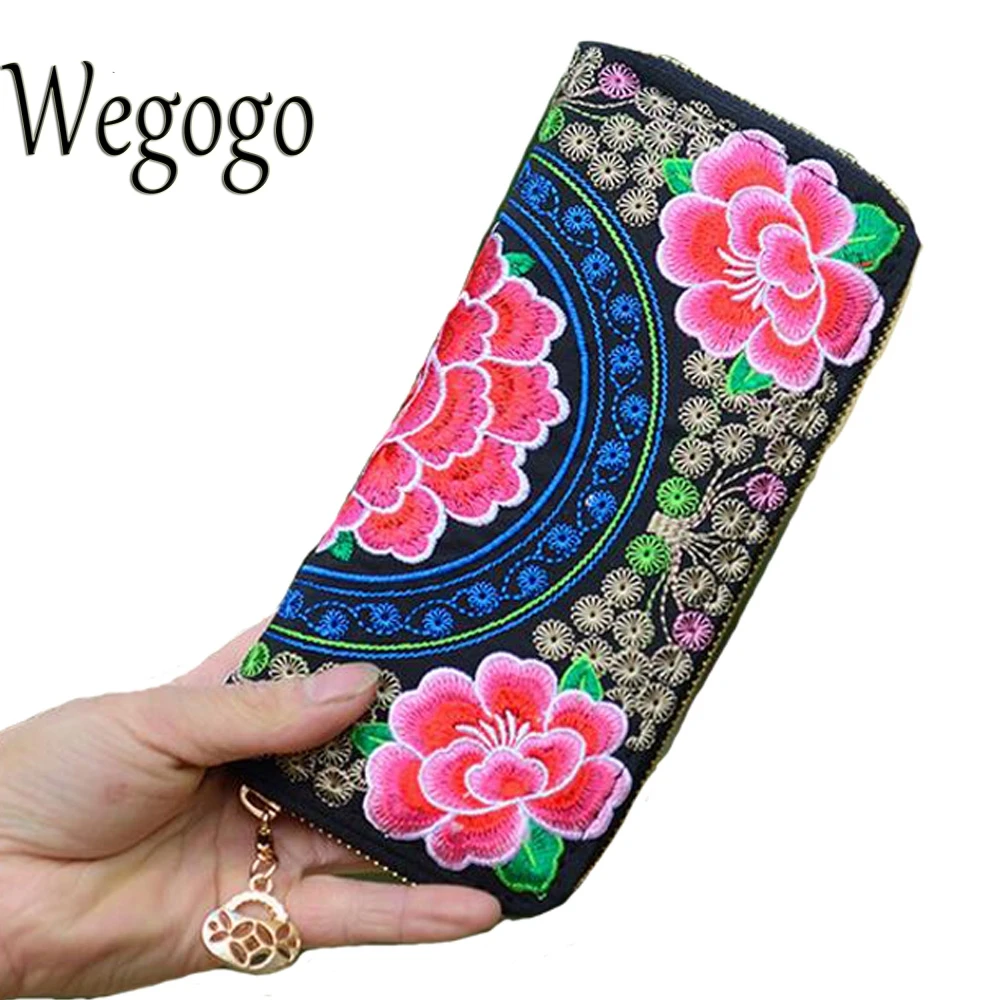 

Women Wallet National Double Faced Embroidered Purse Long Wallet Small Day Clutch Canvas Zipper Coin Bag Card Holder