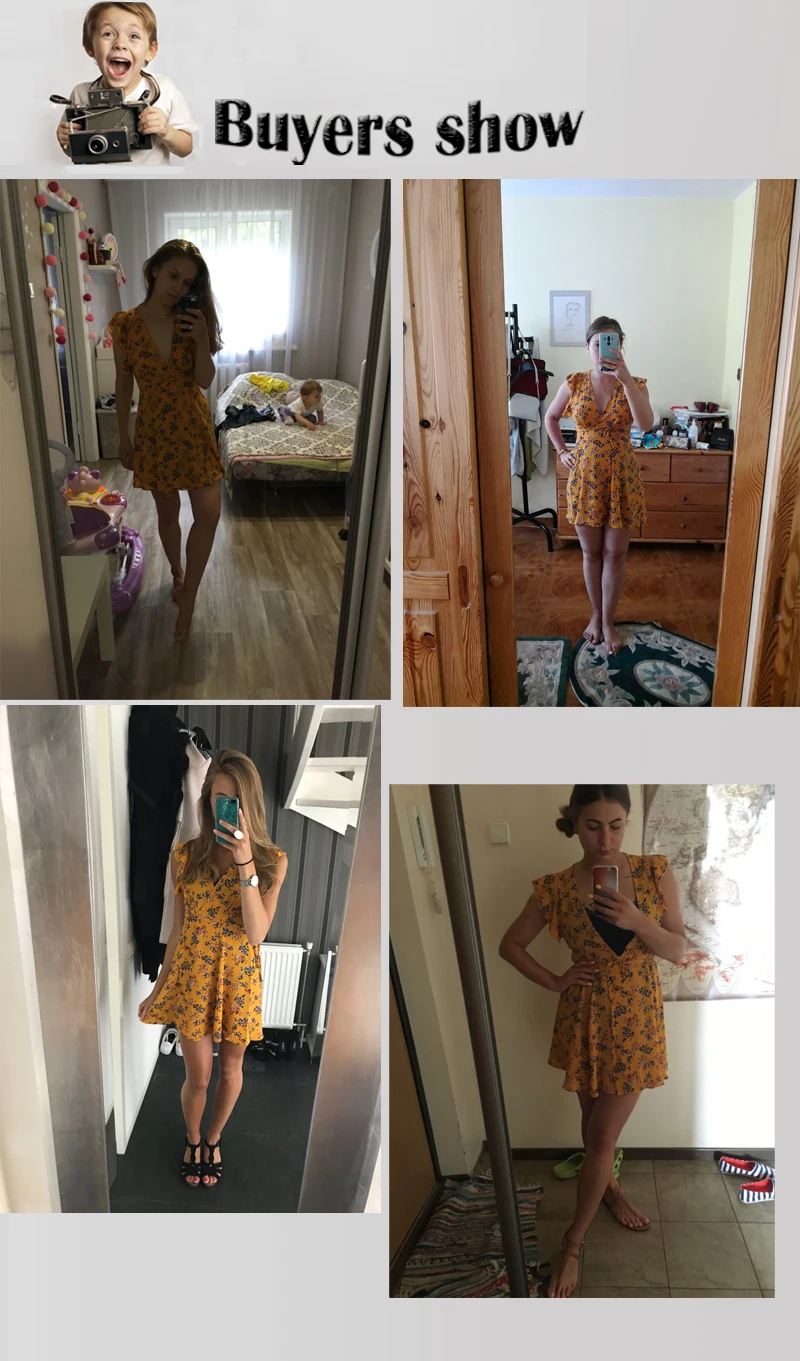 yelow Flower Print Deep V Neck Sleeveless Mini Dress 