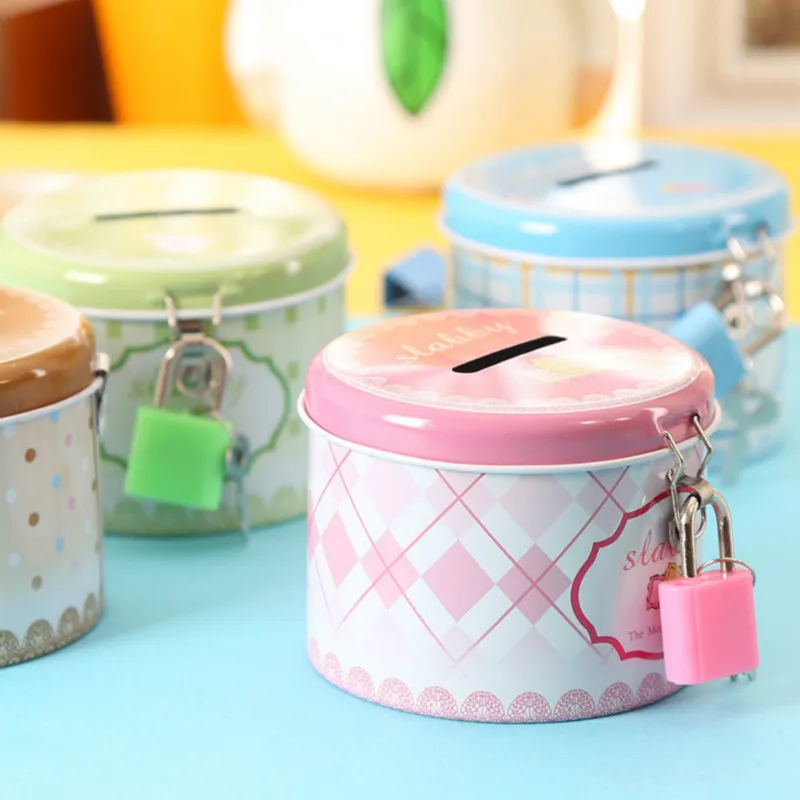 

Round Money Box Piggy Bank Cartoon Creative Korean Version of Tinplate Piggy Bank with Lock Kindergarten Children'S Holiday Gift