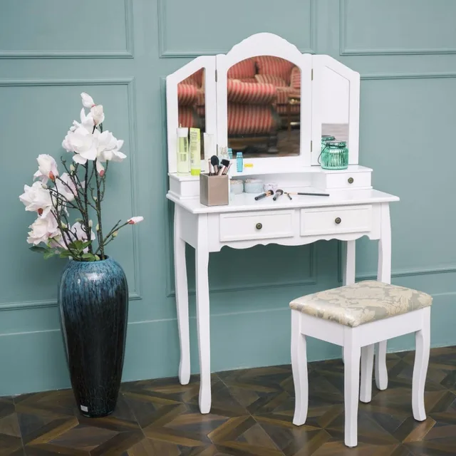 Langria Makeup Dressing Table Vanity And Stool Set With Tri Fold Langria Makeup Dressing Table Vanity And Stool Set With Tri Fold Mirror 4 Drawers Curved