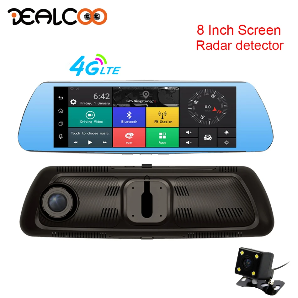 Dealcoo 8' сенсорный экран Android Зеркало Автомобильный dvr 3 в 1 Радар детектор видео