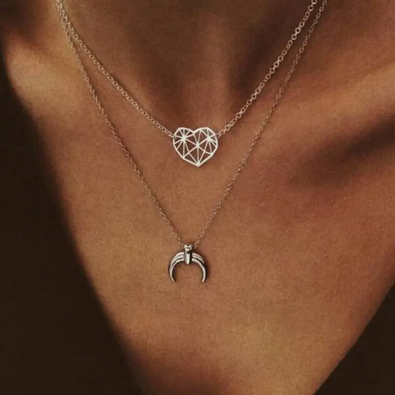 Простое ожерелье с подвеской модное Двухслойное Сердце Луна Шейная цепочка