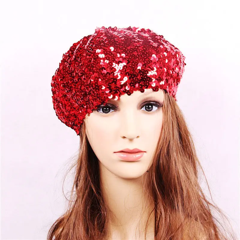 Women Sequins Hat Shiny Costume Jazz Glitter Dance Beret Round Cap