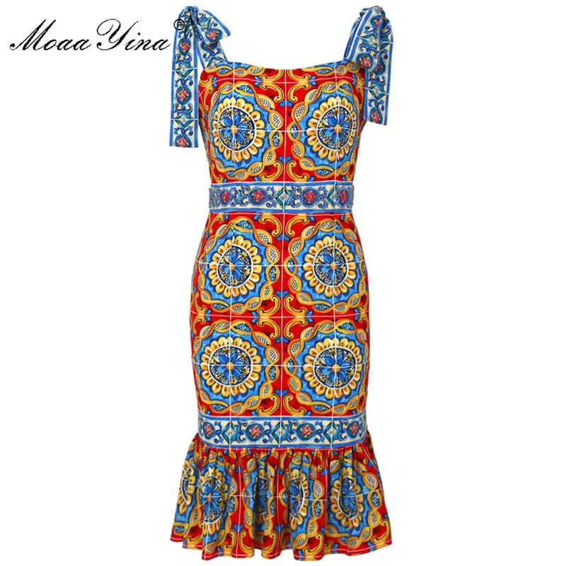 

MoaaYina Summer Runway Dress Women's Colorful Porcelain Printed Bowknot Spaghetti Strap Beading Vacation Beach Mermaid Dress