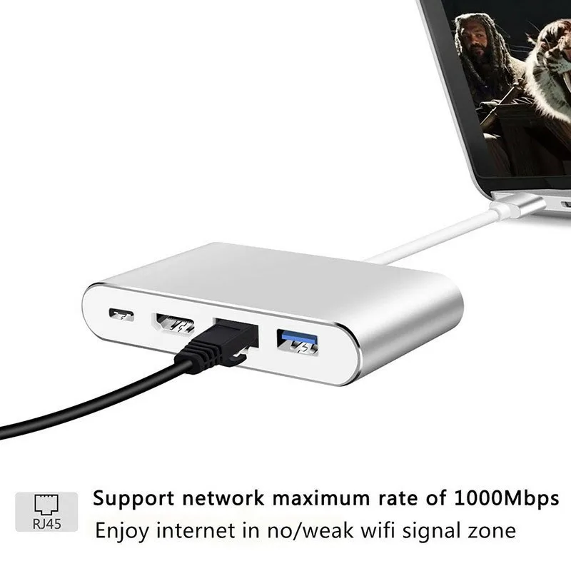 Basix 4 в 1 USB C адаптер концентратор 3 Type к HDMI 4K + Gigabit Ethernet RJ45 0 многопортовый цифровой
