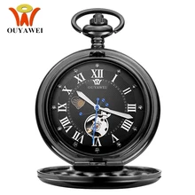NEW Fashion OUYAWEI Mechanical Pocket Watches Men Full Steel Black Case Pocket Fob Watch Analog Steampunk