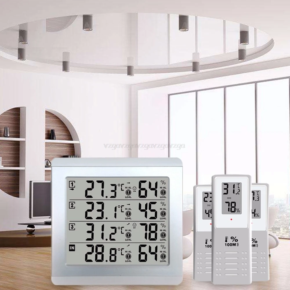 

LCD Digital Wireless Indoor/Outdoor Thermometer Hygrometer Four-channel Temperature Humidity Meter Weather Station Clock N19