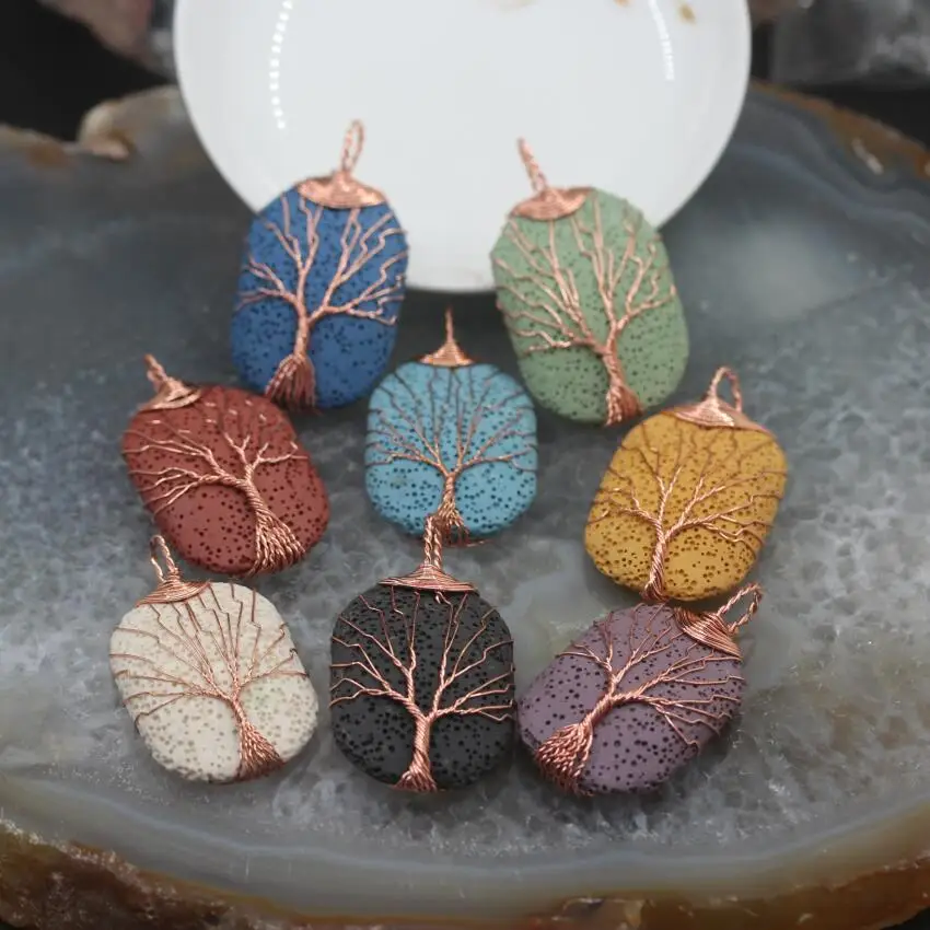 

5PCS/Lot 7 Color Choice Tree of Life Stone Slab Rose Gold Wrapped Plating Pendants Colorful Lava Rock Volcanic Charms Necklaces
