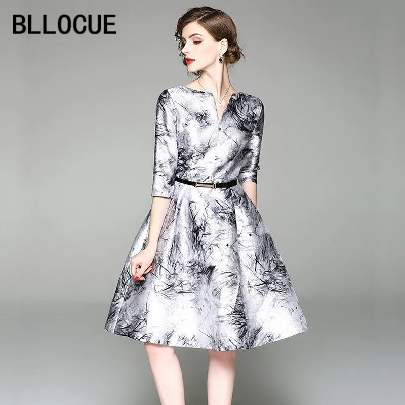 

BLLOCUE High Quality 2018 Spring Summer Women Women Half Sleeve Ink Print Luxury Runway Dress