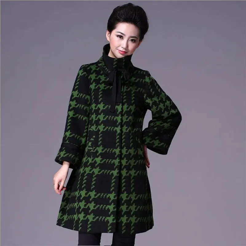 Women Wool Blends Plaid Coat Femal Thick Turtleneck Striped Printed Winter Coat Classic Outerwear Spring Trench Coat S-5XL Coats