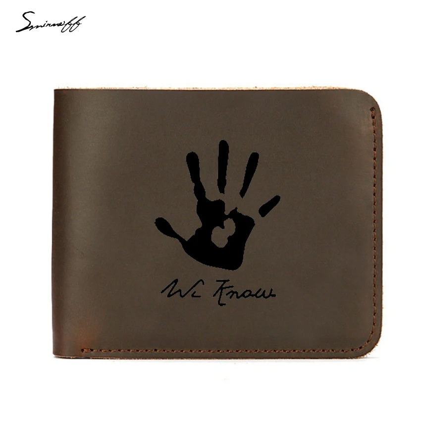 

Skyrim Dark Brotherhood We Know Hand Men Wallets Simple Card Holders Short Wallets Custom Name Genuine Leather Small Purse