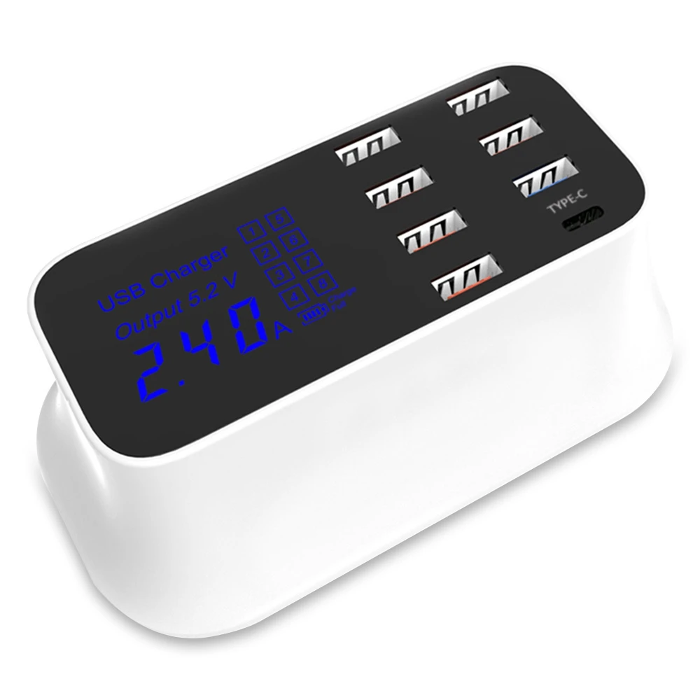 

40W 8-port USB/Type-C Fast Charging Station UK Power Adapter Large LCD Display Portable Smartchip Rapid Fireproof Travel Charger