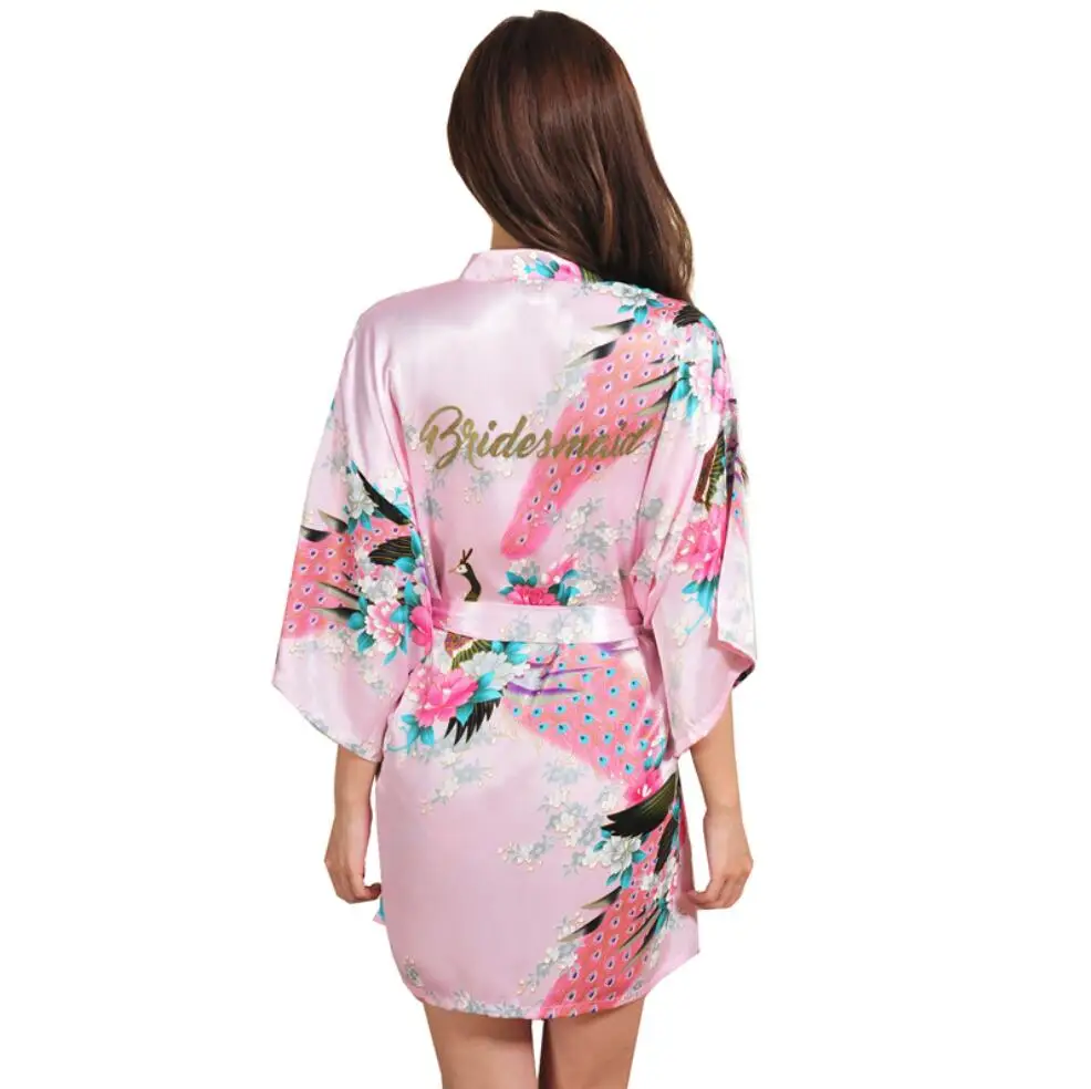 Свадебное платье для невесты, подружки невесты, цветочный халат, атласный халат из вискозы, ночная рубашка для женщин, кимоно, одежда для сна с цветами размера плюс - Цвет: Pink Bridesmaid