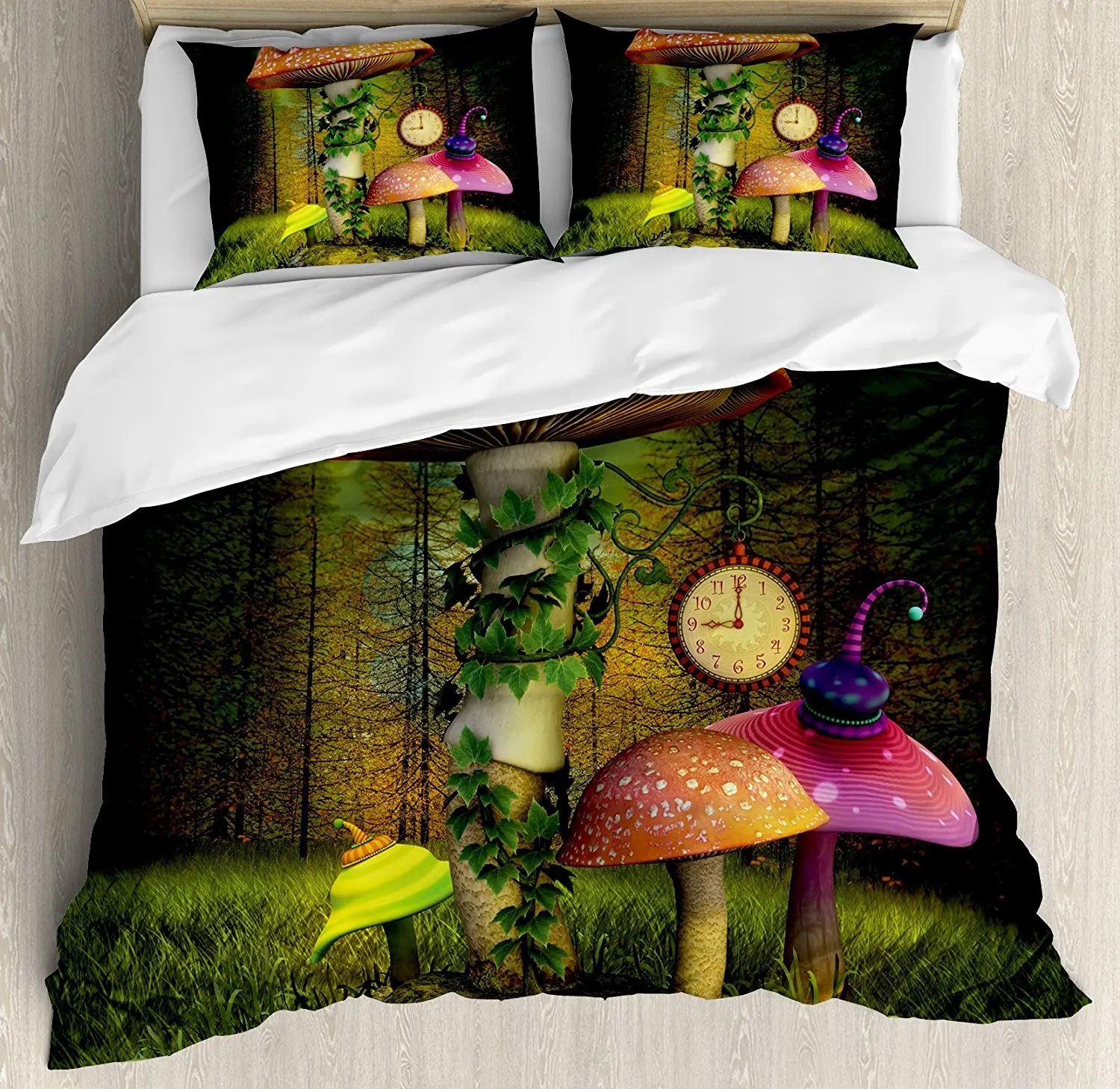 

Duvet Cover Set, Fiction Forest with Giant Mushrooms and Elves Magical Fairytale Enchanted Image, 4 Piece Bedding Set