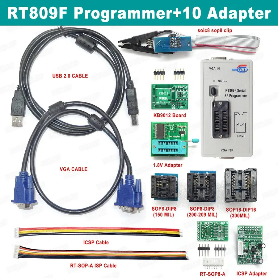 Горячая Распродажа RT809F ЖК-дисплей ISP программист с SOP8 Peb удлинитель Кабель EDID 1,8 V адаптер и все адаптеры - Цвет: RT809F-10 Adapter