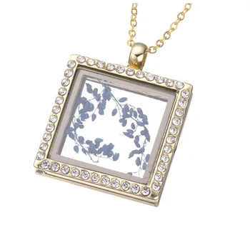 

2018 30mm Gold Square Magnetic Glass Living Floating Locket Pendant Necklace With Free Chains 10PCS/LOT