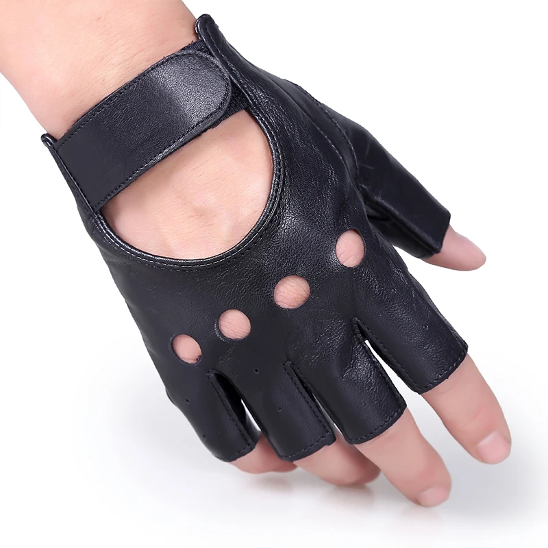 Black Semi-Finger Gloves Genuine Leather Male Sheepskin Mitring Outdoor Ride Motorcycle Men Half Finger Driving Gloves 
