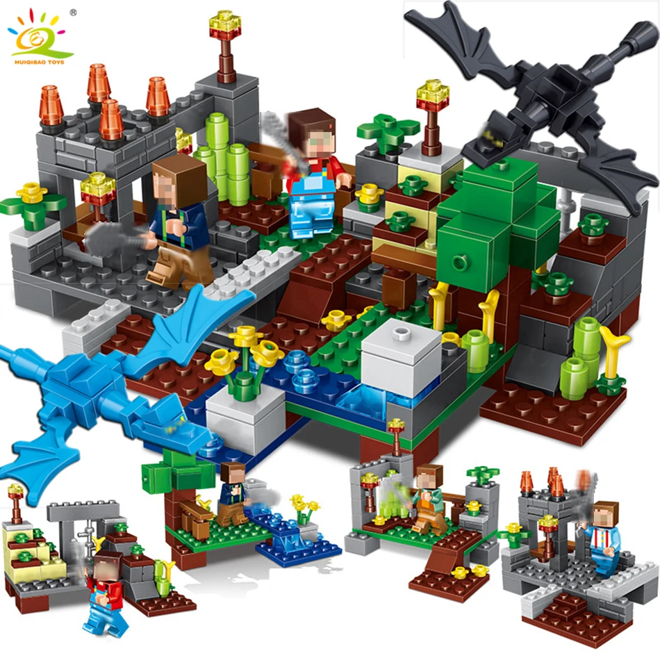 4 in 1 Town group Compatible Legoed Minecraft city Building Block dragon Steve Alex figures Bricks Educational toys for children