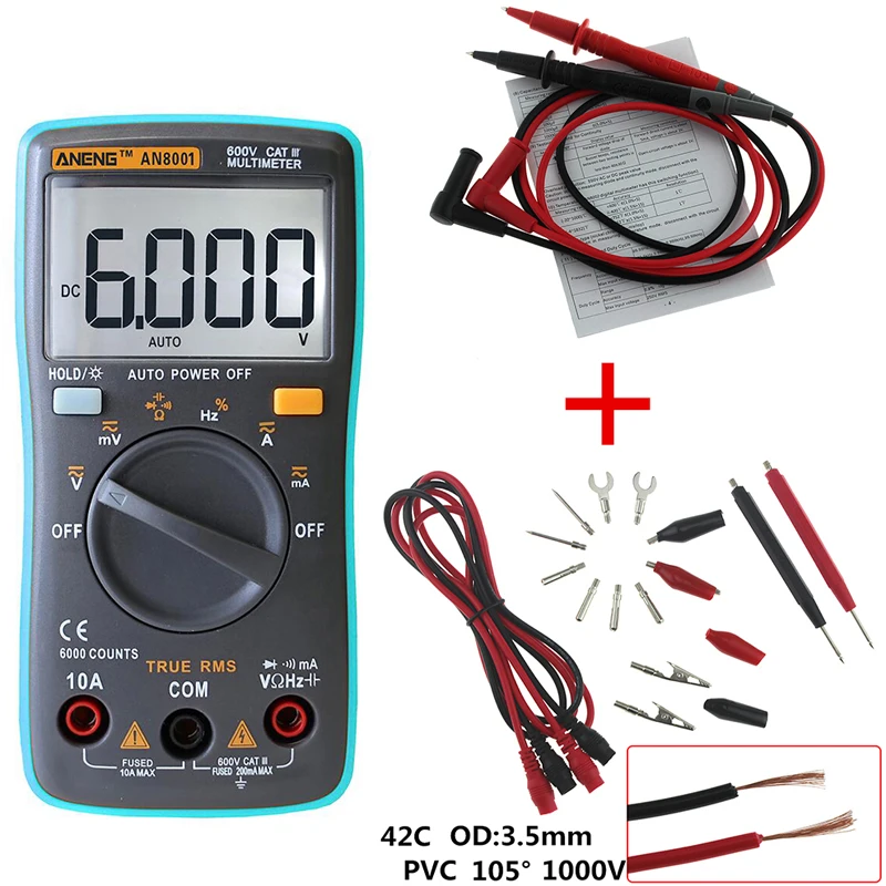 ANENG AN8001 Портативный ЖК-цифровой мультиметр 6000 отсчетов подсветка AC/DC Амперметр Вольтметр Ом метр тест er+ набор тестовых проводов