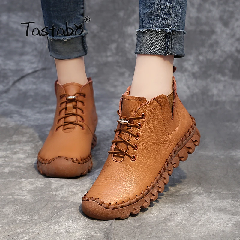 

Tastabo Handmade Ankle Boots With Fur Retro Boots Shoes Women Fashion Handmade Slip-on Soft Leather Winter Warm Boots Ladies