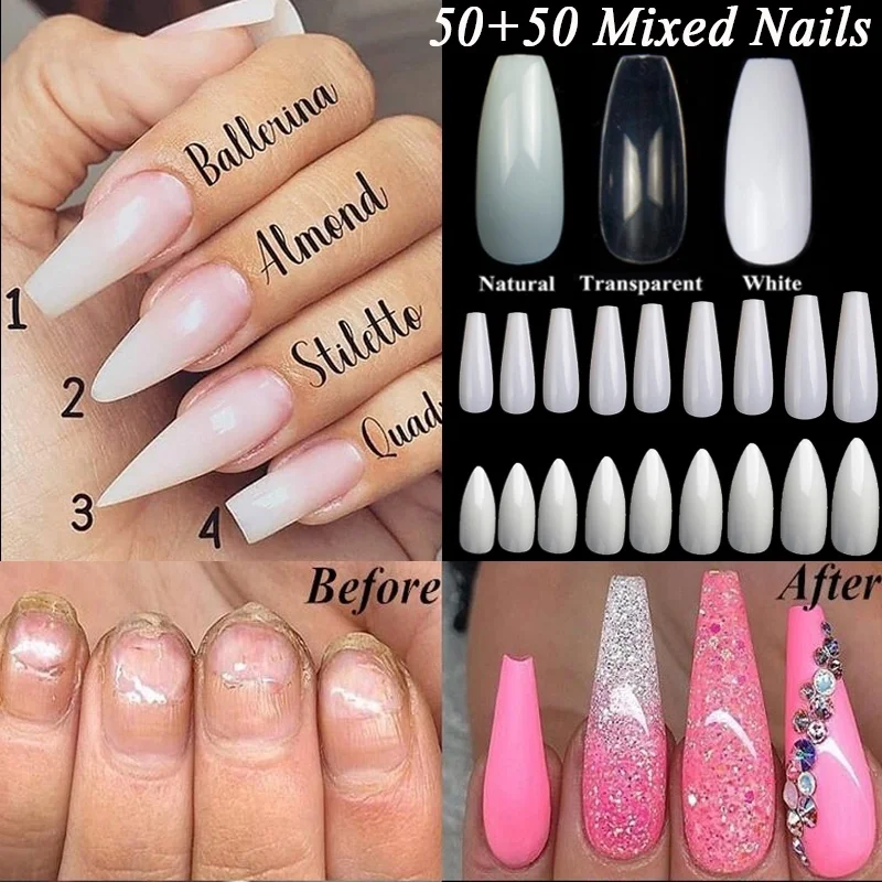 100 Pcs Mixed 2styles Ballerina Nail Art Tips Transparent Natural False Coffin Nails Art Tips Full Cover Manicure Fake Nail Tips False Nails Aliexpress
