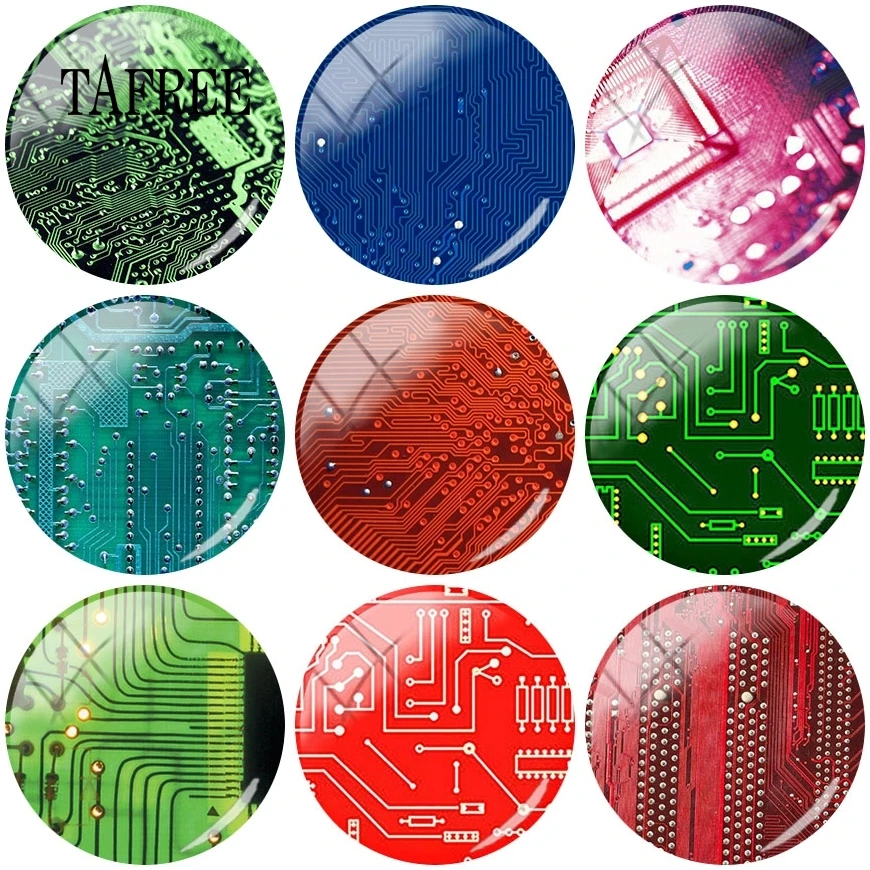 

TAFREE Computer Circuit Board Art Picture 25mm Round DIY Glass Cabochon & Glass Dome Cameo Settings For Keychain Necklace