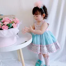 Коллекция года, испанское свадебное платье ручной работы для девочек голубой кружевной костюм принцессы на бретельках из мягкой пряжи качественный мягкий костюм принцессы для девочек