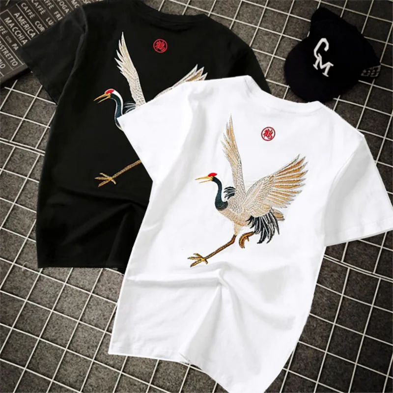 Harajuku о-образным вырезом Crane Embroidery тройники любителей Свободные Дикий пары с