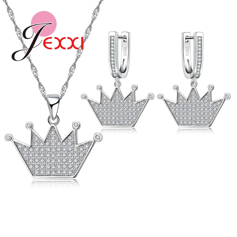 

Jemmin 2019 New Wholesale Fashion Jewelry Set Silver Color Crown Pendant Necklace Earrings Cubic Zirconia Set Valentine's day