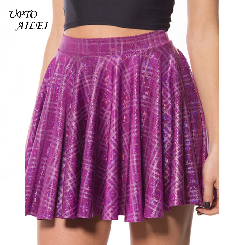 

2018 Summer Womens Purple Plaid Women Checkered Short Candy Colors Shiny Skirt Mini Harajuku Pleated Skirts Clothings