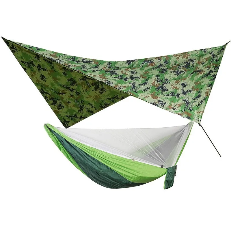 1 комплект сетки гамак+ навес палатка для кемпинга на открытом воздухе портативный без комаров дождь муха брезент парашют качели кровать Водонепроницаемый - Цвет: camou green green