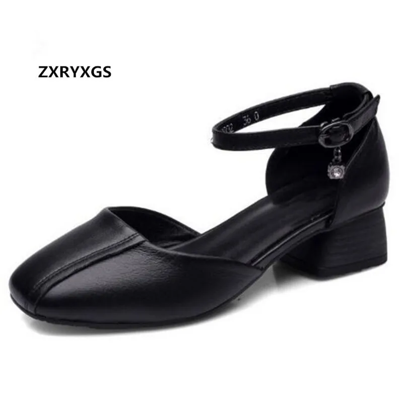 

2018 New Fashion Rhinestone Round Black Genuine Leather Shoes Summer Women Sandals with Thick Heel Shoes Woman Shoes Sandals