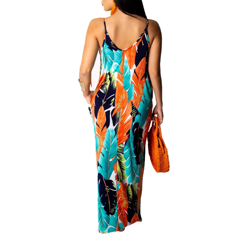 Женское длинное платье Boho Макси без рукавов на тонких бретельках, с цветочным v-образным вырезом свободное платье уличные пляжные платья больших размеров