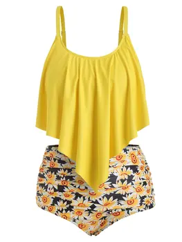 

Wipalo Plus Size Ruffled Sunflower Print Bikini Set Beach Holiday Swim Sets Bathing Suit Sleeveless Swimwear Women