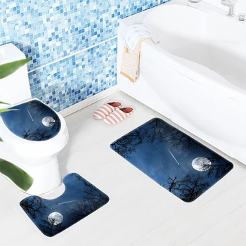 

3pcs Bathroom Mat Set Beautiful Moon and Stars Pattern Bath Rug Non Slip Toilet Mat and Bathroom Rug Set Bathroom Products