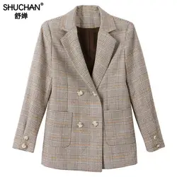 Shuchan 2019 New Korean Women Blazers And Jackets With Pockets Plaid Notched Double Breasted Fitted Female Jacket Woman Office Shuchan 2019 New Korean Women Blazers And Jackets With Pockets Plaid Notched Double Breasted Fitted Female Jacket Woman Office