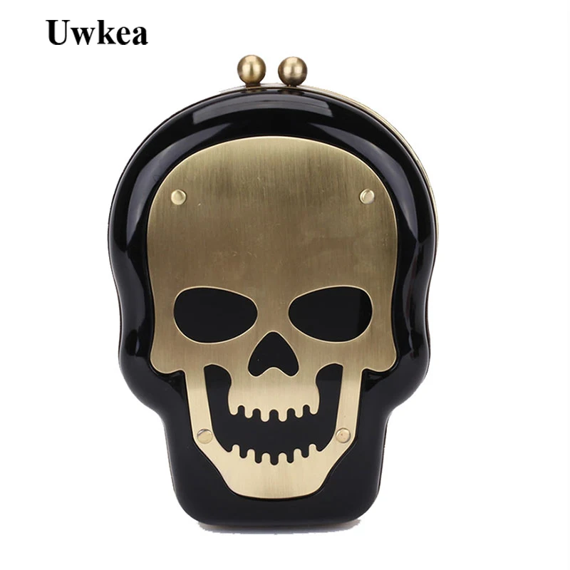 

Uwkea New Messenger Bags Women Mini Skull Head Personalized Crossbody Bag Metal Skull Sign Punk Clutch Halloween Gift Hangbag