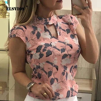 

ELSVIOS New Elegant Floral Print Office Ladies Blouse Women O Neck Short Sleeve Chiffon Blouses Plus Size Summer Shirt Femme Top