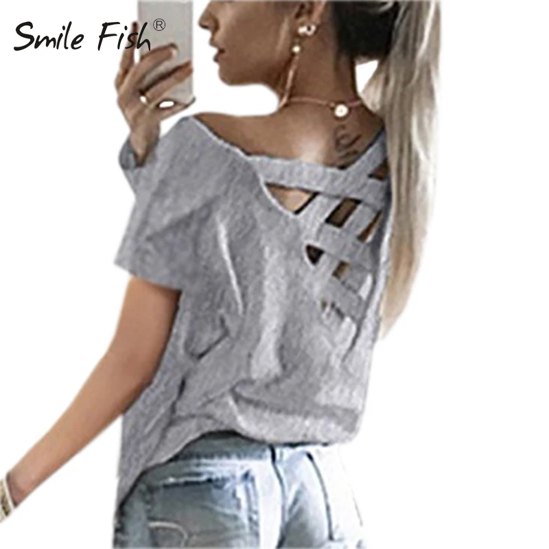 

Summer Women Sexy Backless Hollow Out Bandage Shirts Top Short Sleeve Casual Kawaii Shirt Plus Size Girls Tee Beach Blouse GV592