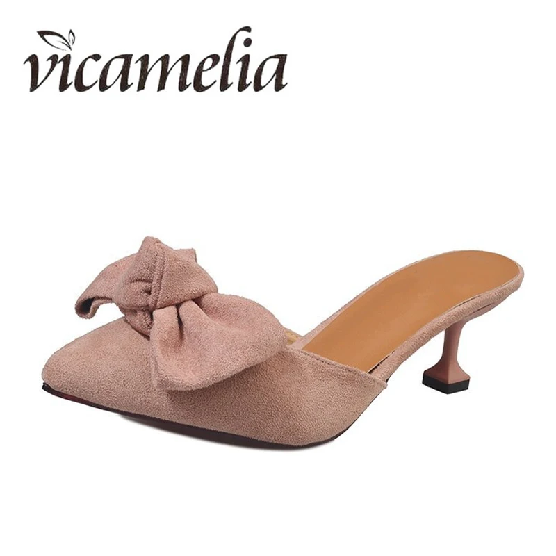 

Vicamelia Woman Bowknot Middle Heel Slippers Lady Shallow Slides Sandals Women Pointed Toe Mules Female Temperament Shoes 155
